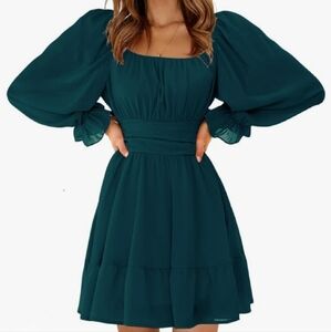 NWT Women's Peacock Blue Boho Ruffle Dress Long Lantern Sleeves Size S
